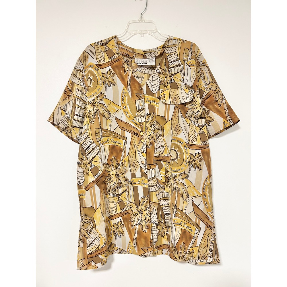 Christie & Jill Woman Vintage Tropical‎ Button Down Blouse Mustard Brown 1X
